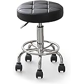 Yuelong Round Rolling Stool with Wheels PU Leather - Adjustable Height Swivel Stool with Footrest Ultra Soft Padded Seat for Salon Tattoo Home Office SPA Shop (Black)