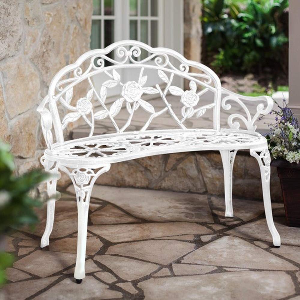 HOMEFUN Patio Outdoor Bench, White Cast-Aluminum Benches Garden Metal Loveseat Outdoor Furniture for Park Lawn Front Porch