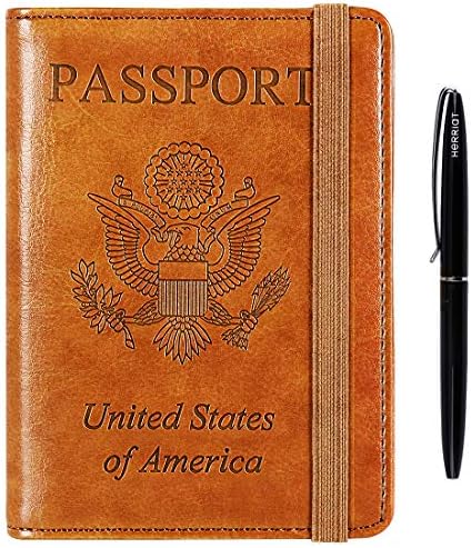 Passport Holder Cover Case - Leather RFID Blocking For Women Men With Bonus Pen