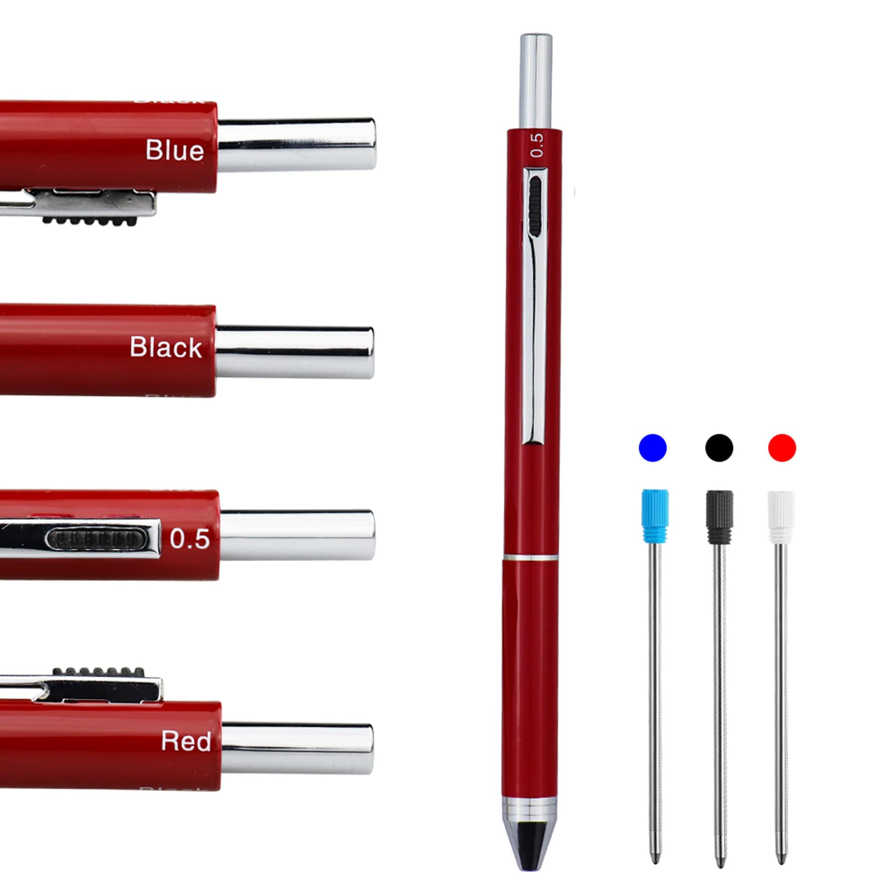 HeTaoCat 4 in 1 Multicolor pen, Metal Cased Multifunction Pen, 0.5mm Mechanical Pencil, Red, Blue and Black (Red)