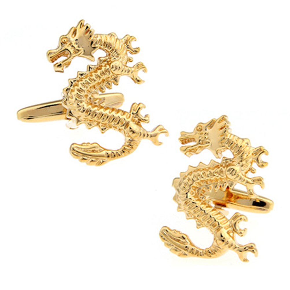 Gold Chinese Standing Dragon Symbol Cufflinks Shirt Suit Wedding Cuff Links