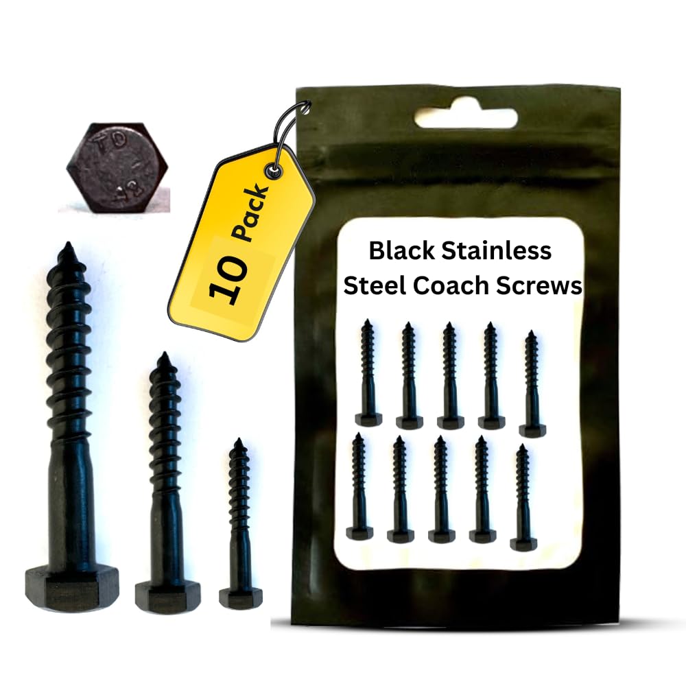 M5 x 60mm Black Stainless Steel Coach Screws – Heavy Duty Hex Head Fixing Bolts for Wood, Masonry, Brick, Concrete & TV Wall Mounting – 10 Pack