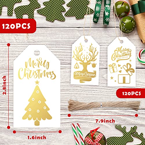 Koogel Christmas Paper Tags, 120PCS Gold Foil Gift Tags Hang Name Labels with Twine for DIY Xmas Present Gift Box Christmas Party Decoration