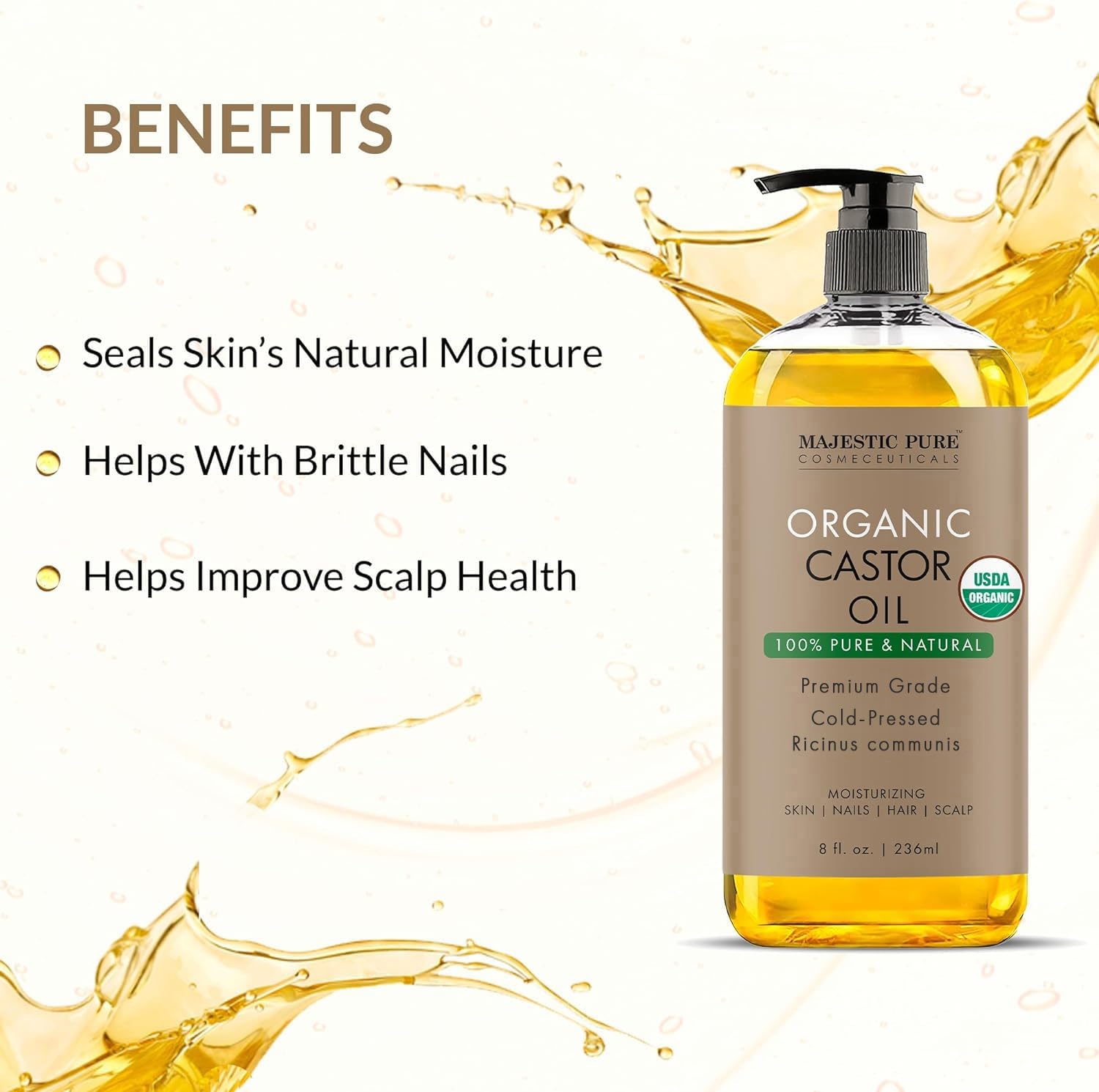 Majestic Pure USDA Organic Castor Oil - 100% Pure & Natural - Premium Grade, Cold Pressed, Hexane Free - Hair, Eyelashes, Eyebrows, Nails - Moisturizing & Nourishing - 8 Fl Oz