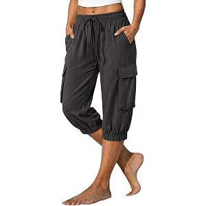Nantdog Cargo Capris for Women Front Tie Elastic Waisted Hiking Ease Casual Comfortable Parachute Crop Loose Pants Summer