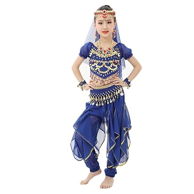 Lonshell Tanzkleidung für Kinder Mädchen Bauchtanz Kostüm Outfit Chiffon Kurzarm Tops + Hose Anzug Ägypten Tanz Belly Dance P
