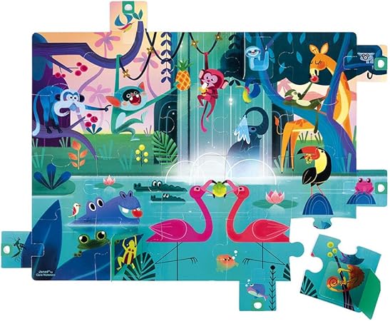 Amazon Janod Surprise Puzzle Feast In The Jungle ピース ポスター付き 巨大な耐久性のあるジグソーパズル ユニークな隠し窓 プルアウトタブ 認知と幼児期の発達に最適 対象年齢2歳以上 ジグソーパズル おもちゃ