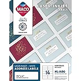 MACO Printable Labels for Mailing - Laser/Ink Jet Compatible Shipping Address Return Labels, 14 per Sheet, 1-1/3 x 4", Box of 100 Pages/1400 Labels, White