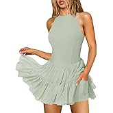 Hragc Women's Flowy Pleated Ruffle Tennis Athletic Dress for Women Summer Boat Neck Sleeveless Mini Golf Dress Shorts Pockets