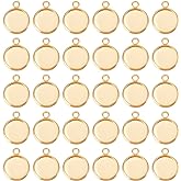 Beebeecraft 1 Box 40Pcs Flat Round Charm 24K Gold Plated Brass 12mm Blank Bezel Tray Charms Cabochon Settings with Loop for Jewelry Making
