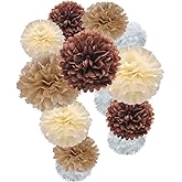 Brown Champagne Tan Ivory and White Tissue Paper Pom Poms Flower for Neutral Baby Shower Birthday Retirement New Year Party Decoration, 12pc