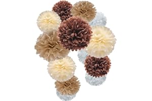 MOWO Brown Champagne Tan Ivory and White Tissue Paper Pom Poms Flower for Neutral Baby Shower Birthday Retirement New Year Party Decoration, 12pc