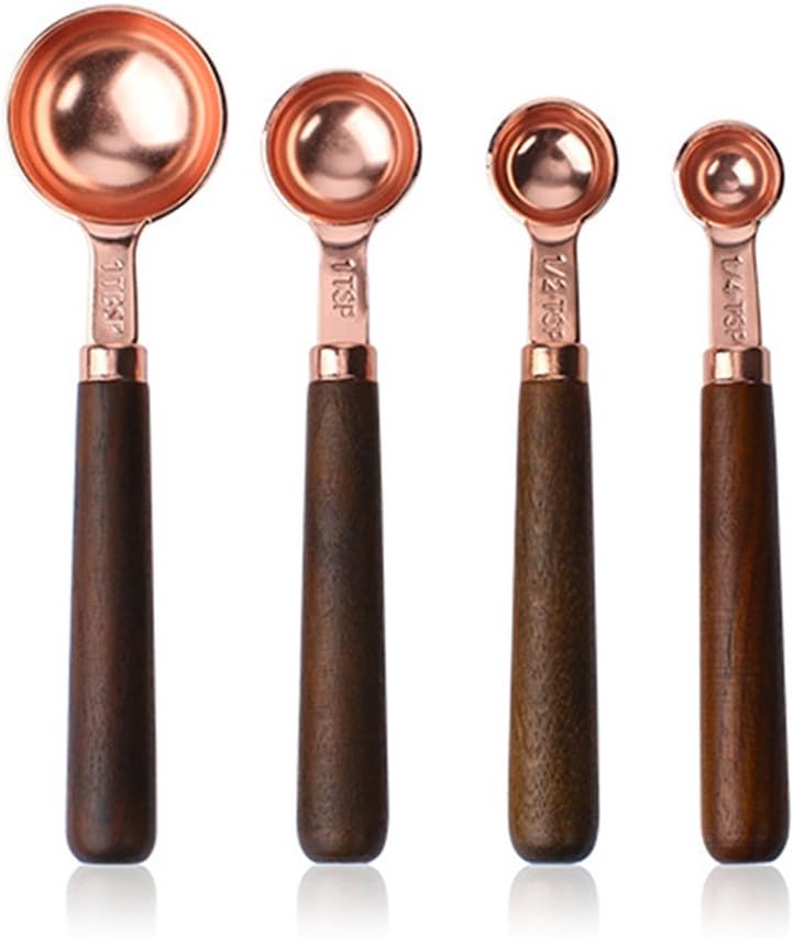 Gabriera Stainless Steel Measuring Spoons Set with Wood Handle Measuring Scoops Cups for Cooking Baking Ingredients Liquid Set of 4PCS Copper