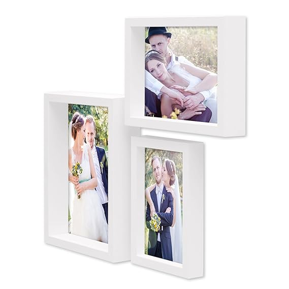 PHOTOLINI 3er Set Bilderrahmen 10x15, 13x18 und 15x20 cm Modern Weiss Tief aus Massivholz mit Glasscheibe inkl. Zubehör/Fotor