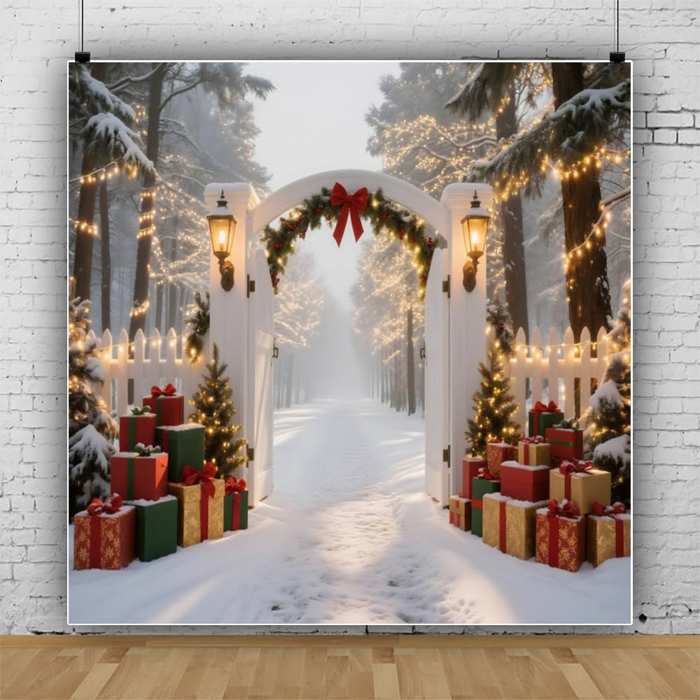Photo 1 of 10x10ft Christmas Backdrop Glitter Snowy Forest Winter Wonderland Backdrops for Photography Christmas Photo Props for Photoshoot Xmas Archway Winter Scene Backdrop Friendsmas Holiday Decorations