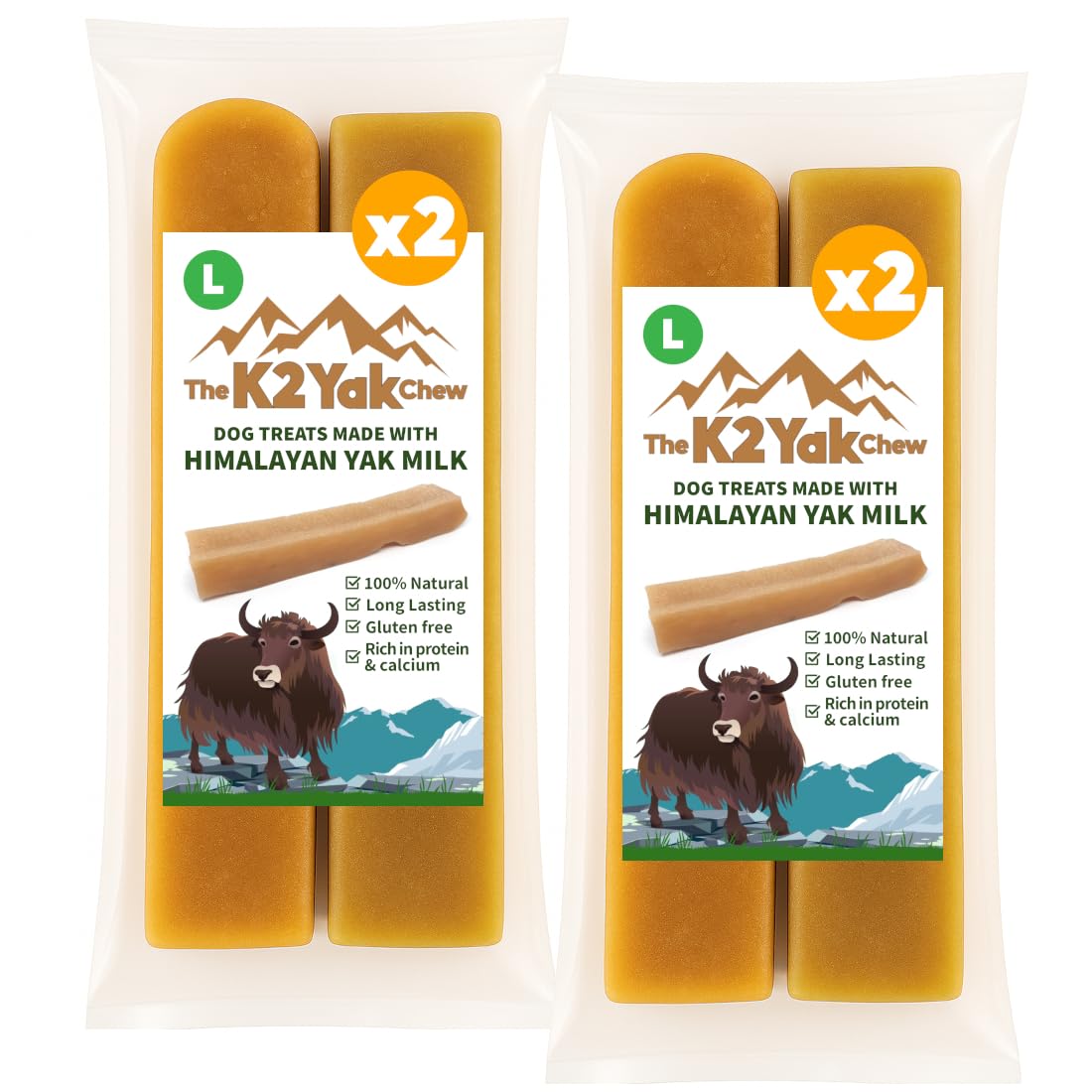 K2 Yak Chews Original Himalayan Dog Treat – Natural Yak Milk Chew, Extra Long Lasting Dental Stick for Large Dogs & Strong Chewers, Vegetarian, Gluten & Grain Free (100–120g, Pack of 4)
