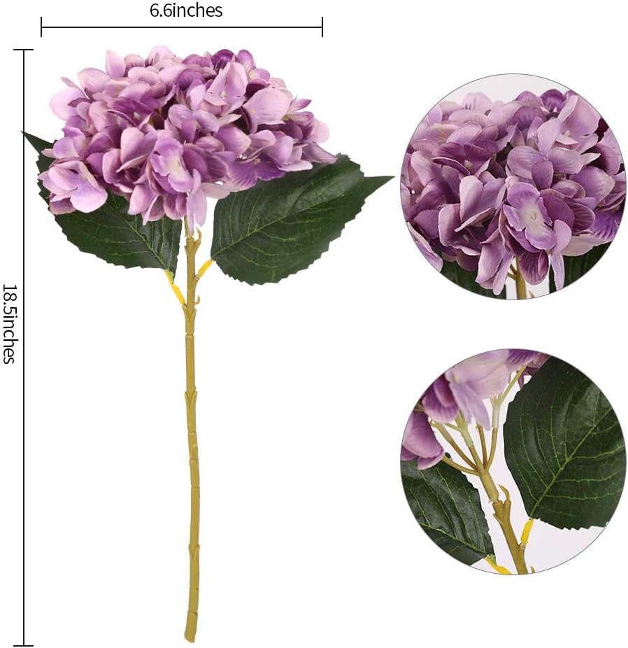 Kisflower 6Pcs Silk Hydrangea Artificial Flowers Realistic Hydrangea Flowers Bouquet for Wedding Party Office Home Decor (Purple) - Image 5