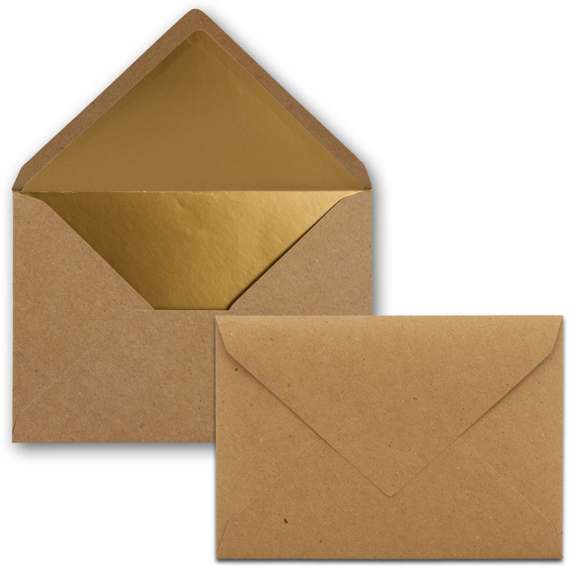 NEUSER PAPIER envelopes in kraft brown - 50 pieces - letter envelopes DIN C6-11.4 x 16.2 cm - wet glue - gold metallic lining - without window for invitations