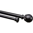 Amazon Basics Adjustable Curtain Rods for Windows, Round Finials, 1-Inch Double, 72" to 144", Black, Pack of 1