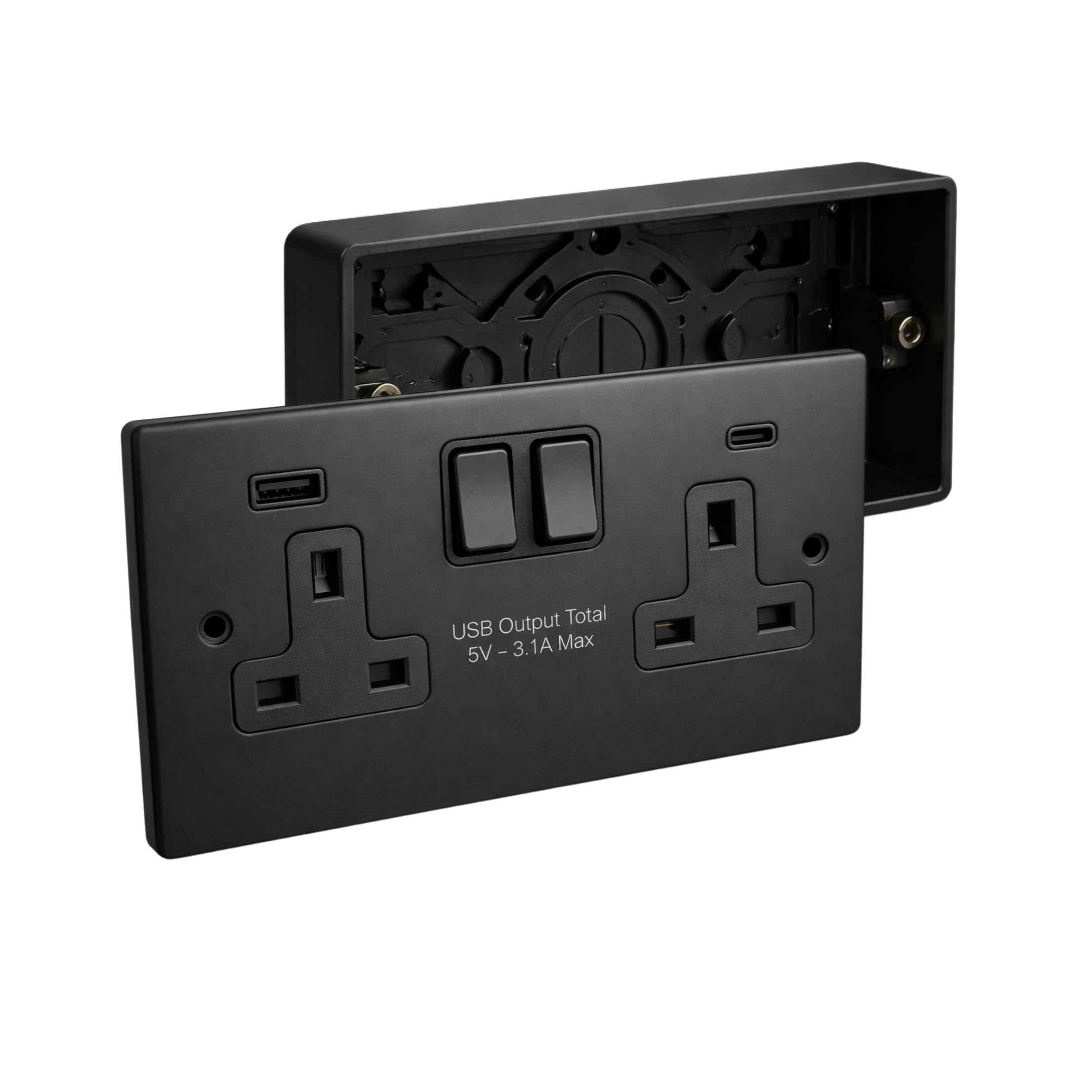 SH|P® 2 Gang 13A Switched Socket with USB A & C FastCharge (15W Total) – Matte Black Finish with 35mm Surface Pattress Box Included — image 1