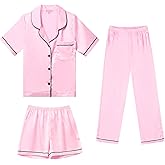 QPANCY Kids Satin Pajamas Sets Boys and Girls Silk Button Down 3 Pieces Pjs Silky Loungewear Clothes Set