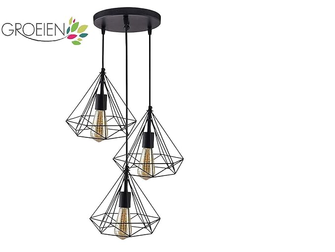 Groeien 3-Lights Round Cluster Chandelier Black Diamond Hanging Pendant Light with Braided Cord.(ST64 Filament Bulb Included)