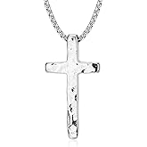 MUSECLOUD Silver Cross Chain Necklace for Men : Hammered Men's 316L Stainless Steel Crosses Pendant Necklaces with Box Chains Hand-Forged Christian Christmas Jewelry for Mens Women 18-26 Inch