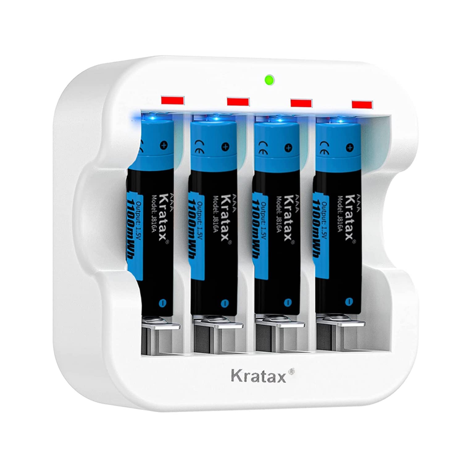 Kratax J816A AAA Rechargeable Batteries with Charger, 1100mWh Rechargeable Batteries AAA Pack,1.5V AAA Lithium Batteries Rechargeable,1500Cycles Triple AAA batteries[4AAA+1Charger]