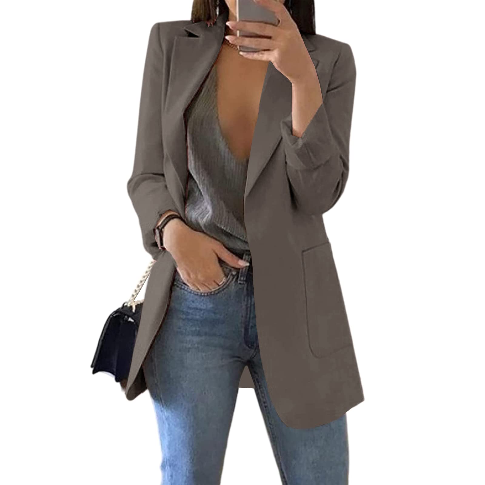 Photo 1 of Cnkwei Womens Casual Blazers Open Front Long Sleeve Lapel Collar Work Office Jacket Black Grey