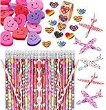 Valentine's Day Heart Party Favor Set Bulk, 36 Assorted Pencils, 36 Colorful Smiley Erasers, Valentine Funky Heart Roll of 100 Stickers, 36 Foam Mini Gliders, Fun Supplies and Prizes for Kids, By 4E's Novelty