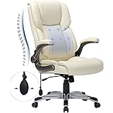 COLAMY High Back Executive Office Chair- Ergonomic Home Computer Desk Leather Chair with Padded Flip-up Arms, Adjustable Tilt Lock, Swivel Rolling Chair for Adult Working Study-Ivory