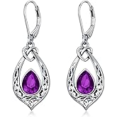 Celtic Knot Dangle Earrings 925 Sterling Silver Oxidized Vintage Drop Leverback Earrings with 8 * 6mm Simulated Birthstone Crystal Christmas Jewelry Gifts for Women (Gift Box)