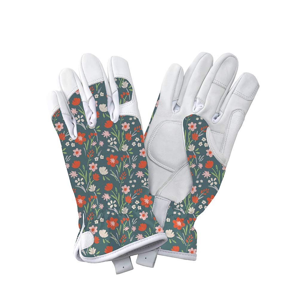 Westland Kent & Stowe Premium Leather Gardening Gloves Teal Meadow Flowers Ladies Small