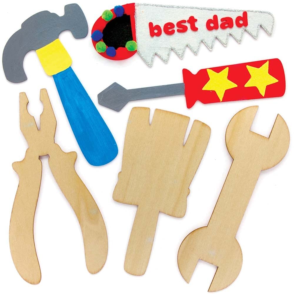 Baker Ross FE551 Tool Wooden Craft Decorations - Pack of 10, Decorate Your Own Wooden Shapes, Make Your Own for Kids,