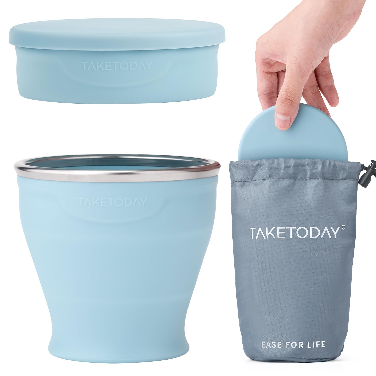 Photo 1 of TakeToday Collapsible Travel Cup - Silicone Foldable Water Cup, BPA-Free with Lid & Waterproof Bag - Drinking Cup Set for Office, Camping & International Travel?8 Oz, Blue?