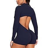 Women Long Sleeve Jumpsuit Zip Up Bodysuits Yoga Workout Unitards Bodycon One Piece Open Back Romper
