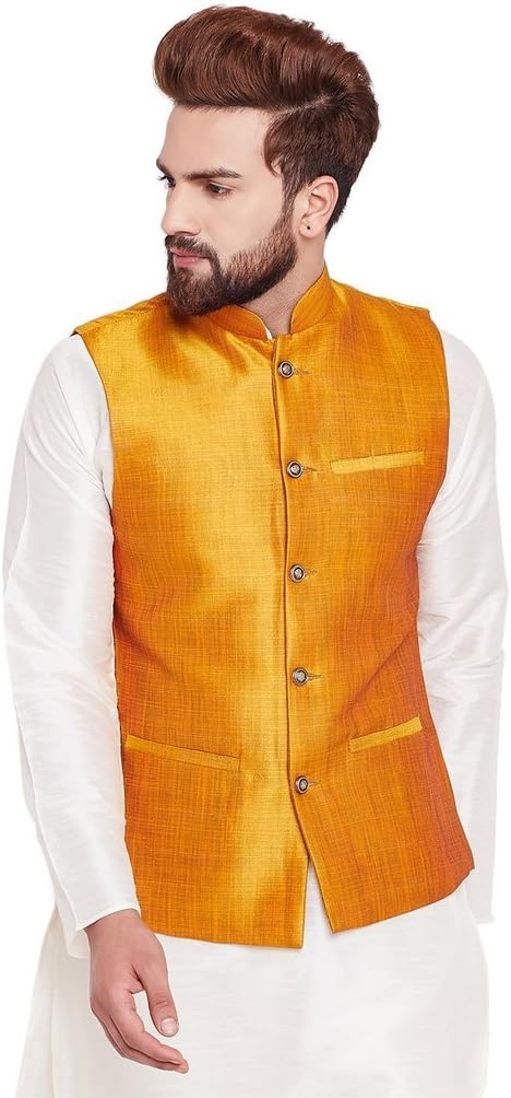 CRAFTSTRIBE Mens Mustard Dupion Silk Designer Only Nehru Jacket
