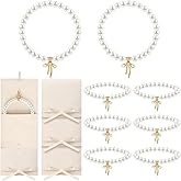 Huquary 8 Set Pearl Bow Bracelet for Women Bridesmaid Proposal Gifts Bulk Gold Bow Bride Charm Bracelets Dainty Bridesmaid Chain Bangle with Jewelry Storage Bag for Wedding Party Favors