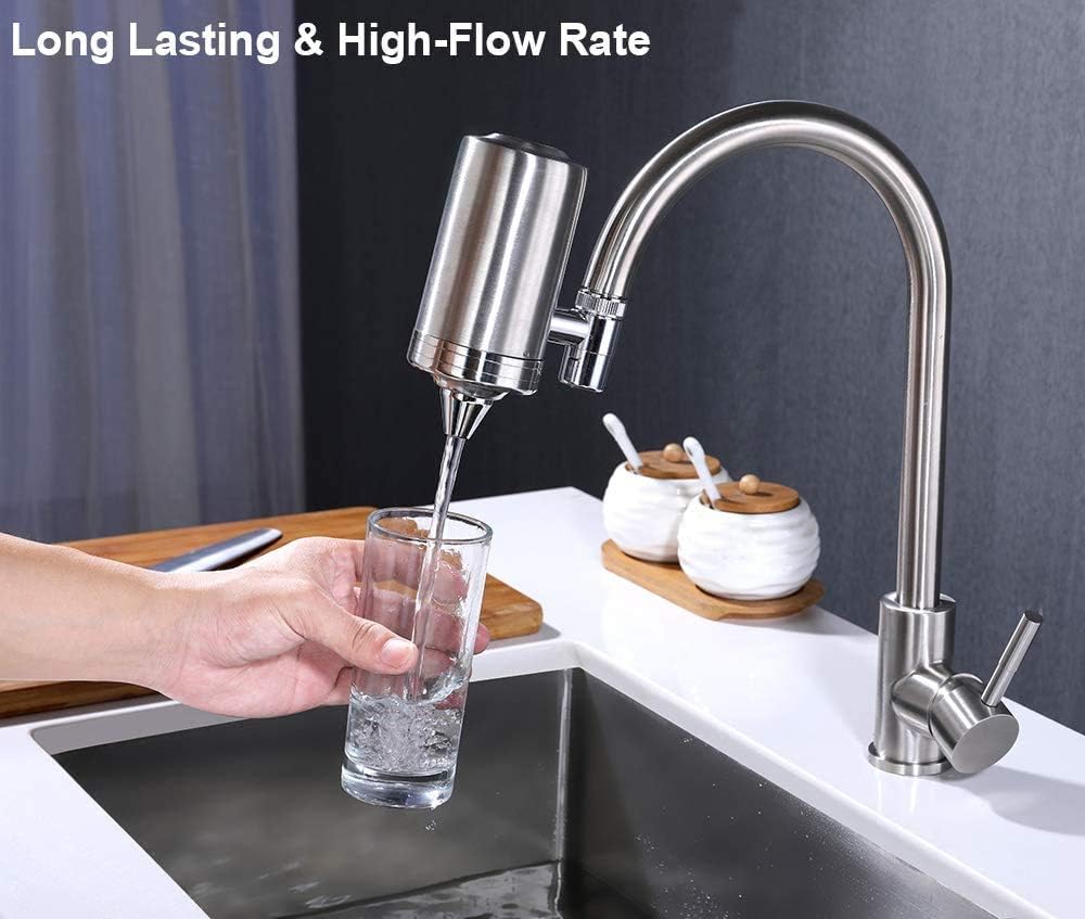ESOW Faucet Mount Water Filter, SUS304 Stainless Steel Reduce Chlorine, Lead, BPA Free, Water Purifier with Carbon Filtration Technology, Fits Standard Faucets (1 Filter Cartridges Included): Industrial & Scientific