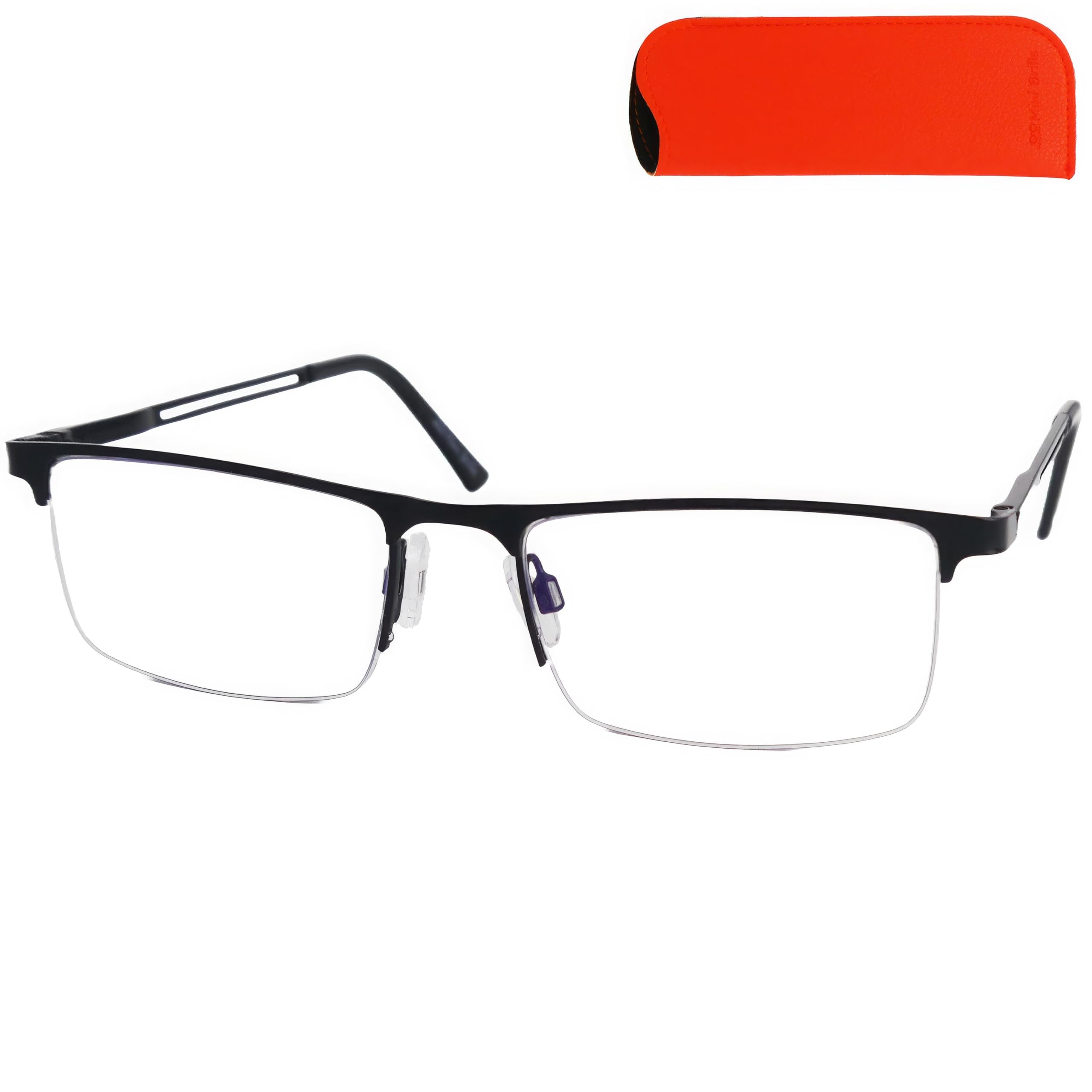 Mini Brille - Classic Metal Reading Glasses, Half Frame (Black) and Rectangle Lenses, Case and Cloth included, Specs Men and Women +2.00 Magnification