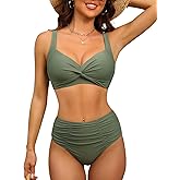 GVAOO Women's High Waisted Bathing Suit Set Tummy Control Swimsuit Ruched Bottom Push Up Twist Front Top Bikini
