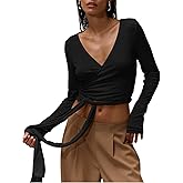 Milumia Women's Ballet Wrap Top Cross Tie Long Sleeve V Neck Crop Tops Pilates Yoga Shirt