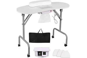 AGESISI Portable Manicure Table Nail Desk with Charging Station & Dust Collector, Foldable Nail Tech Table for Technician Spa Salon Workstation with Wrist Pad 4 Lockable Wheels, 36-inch, White