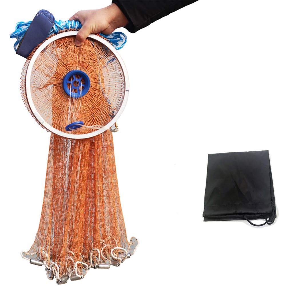EASY BIG Cast Fishing Net with Aluminum Frame, 0.8inch/2cm Mesh, 7.8-13.8ft/2.4-4.2m Diameter