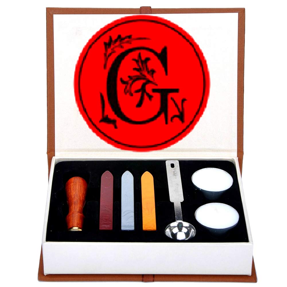 Letter G Wax Seal Stamp Set, ANBOSE Alphabet G Letters Wax Sealing Stamp Kit Including 1Pcs Wooden Handle Copper Seal, 3Pcs Wax Seal Sticks, 1Pcs Melting Spoon and 2Pcs White Candles (Letter-G)