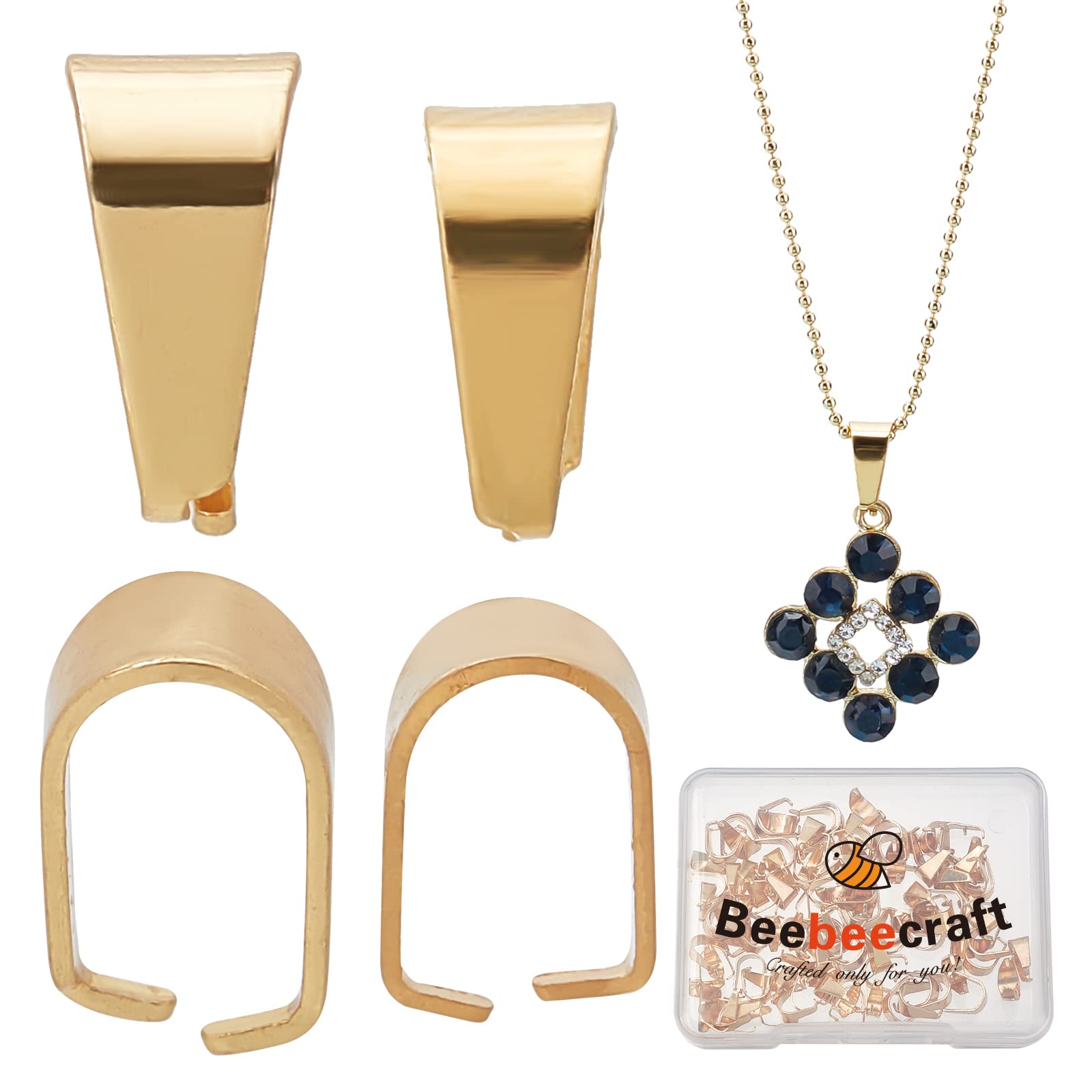 Beebeecraft 120Pcs 2 Size Pinch Clip Clasp Bail 18K Gold Plated Finish Necklace Clasps Pendant Charms Connectors Bails for Necklace Jewelry Findings