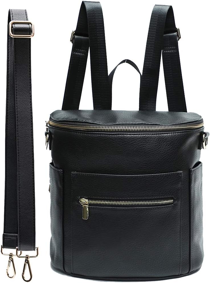 Leather Diaper Bag Backpack Purse by miss fong, Mini Backpack for mom with In bag organizer, Insulated Pocket and Shoulder Strap(Black)