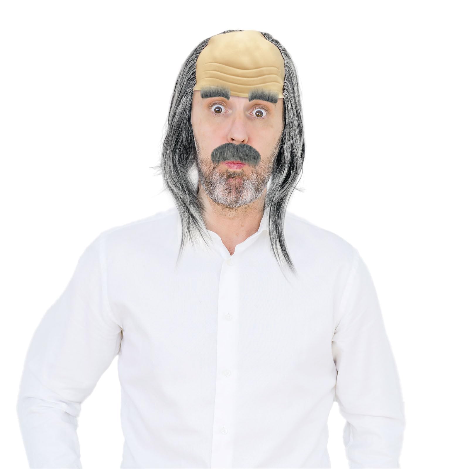 UILYNIU Gray Grandpa Wig With Beard, Eyebrows - Old Man, Crazy Professor Costume - Bald Men's Fancy Dress Wig for Halloween, Carnival, Cosplay Party