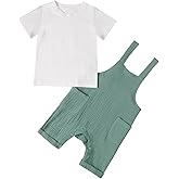 Hotfiary Baby Boy Summer Outfit for 6M-4T Cotton Gauze Shortall Romper with Pocket & White T-Shirt Clothes Set Beach Birthday
