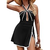 Zilcremo One Piece Swim Dress Tummy Control Swimsuits for Women Cutout Color Block Halter Skirted Bathing Suit